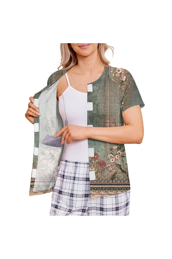 Women's Post Surgery Short Sleeve Shirt, 4 Pockets Adaptive Open Front Top for Recovery