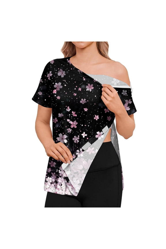 Women's Post Surgery Short Sleeve Shirt, Off-Shoulder Top with Shoulder Zipper & Side Hook and Loop, Adaptive Recovery Blouse