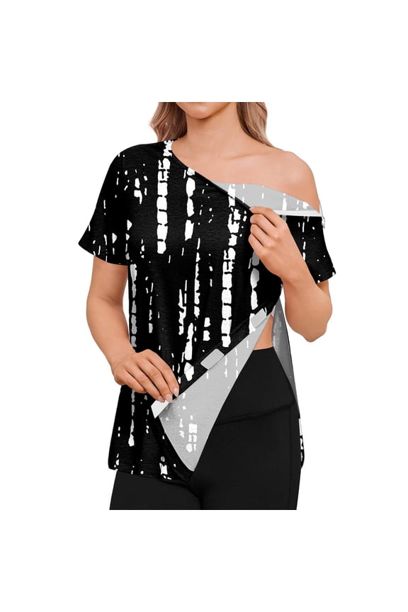 Women's Post Surgery Short Sleeve Shirt, Off-Shoulder Top with Shoulder Zipper & Side Hook and Loop, Adaptive Recovery Blouse