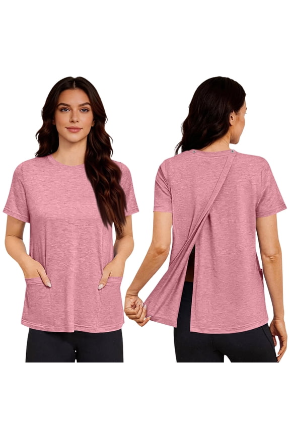 Women's Post-Surgery Short Sleeve Shirt Solid Color Back Snap Closure Top with Pockets for Recovery Pink L