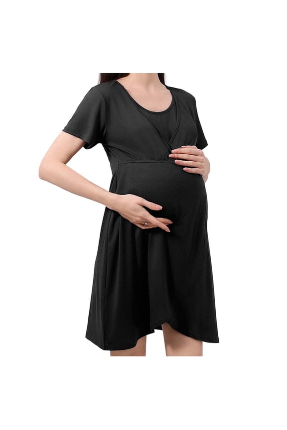 Women's Postpartum Nursing Dress Summer Short Sleeve Patchwork Maternity Breastfeeding Knee Length Dress Casual Pregnancy Clothes Soft Stretchy Mama Wear for Daily Home
