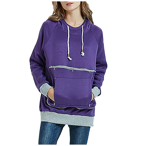 Women's Pouch Hoodie with Big Pocket Pet Holder Dog Cat Carrier Drawstring Hooded Sweatshirt Pullover Tops S-XXL (Medium, Purple)