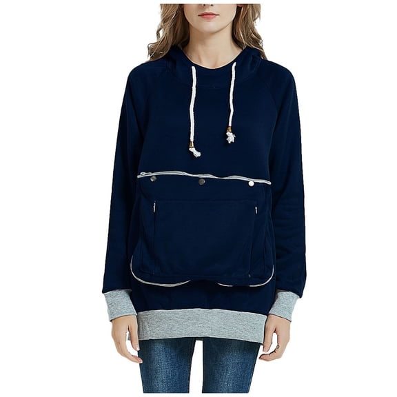 Women's Pouch Hoodie with Big Pocket Pet Holder Dog Cat Carrier Drawstring Hooded Sweatshirt Pullover Tops S-XXL (X-Large, Dark Blue)