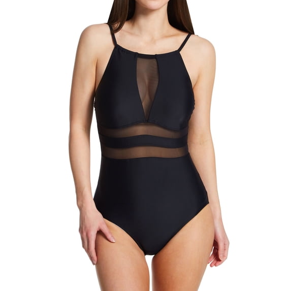 Women's Pour Moi 1408 High Neck Mesh Insert Control One Piece Swimsuit (Black L)