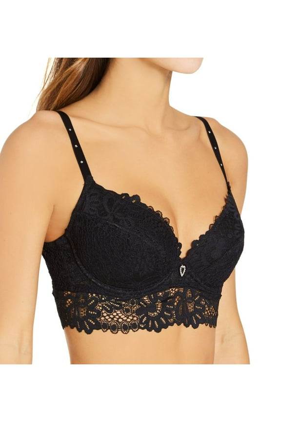 Women's Pour Moi 20400 Bling It On Padded Plunge Longline Bra (Black 32F)