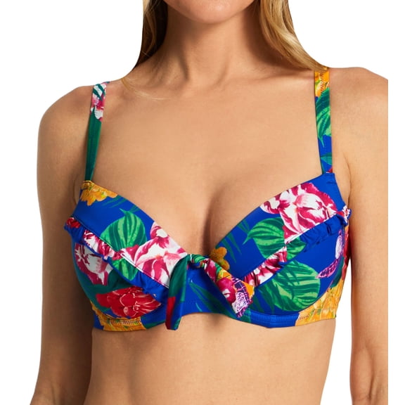 Women's Pour Moi 27900 Antigua Frill Padded Underwire Swim Top (Blue Floral 32D)