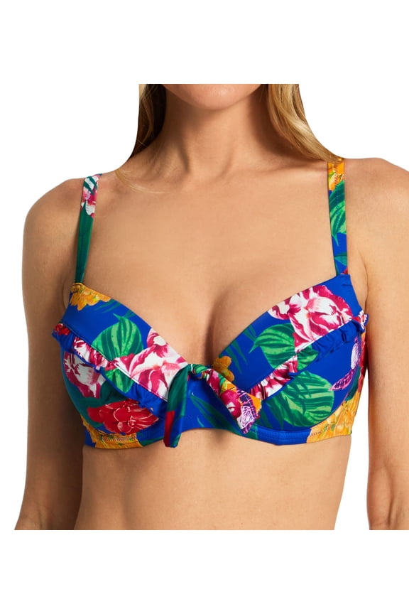 Women's Pour Moi 27900 Antigua Frill Padded Underwire Swim Top (Blue Floral 34D)