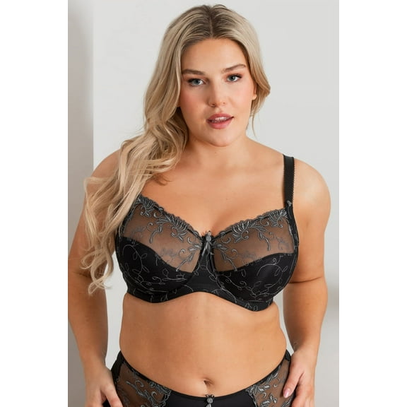 Women's Pour Moi 3804 Imogen Rose Embroidered Underwire Balconette Bra (Black/Platinum 34FF)