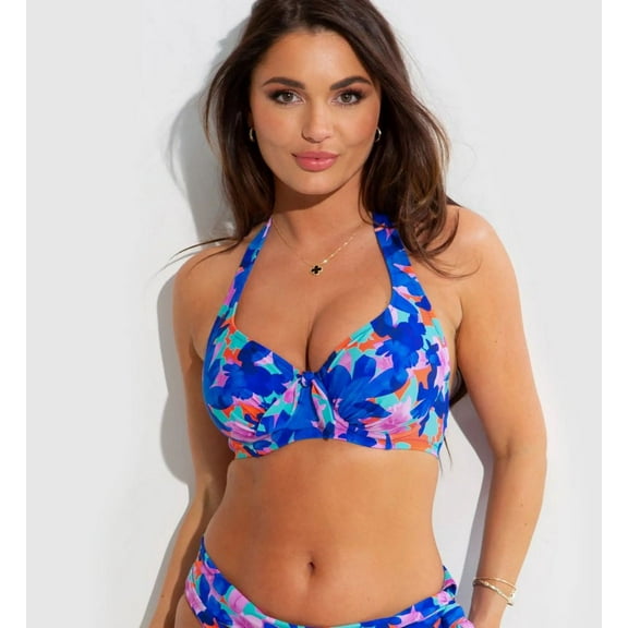 Women's Pour Moi 86002 Heatwave Halter Underwire Bikini Swim Top (Aqua Floral 32FF)