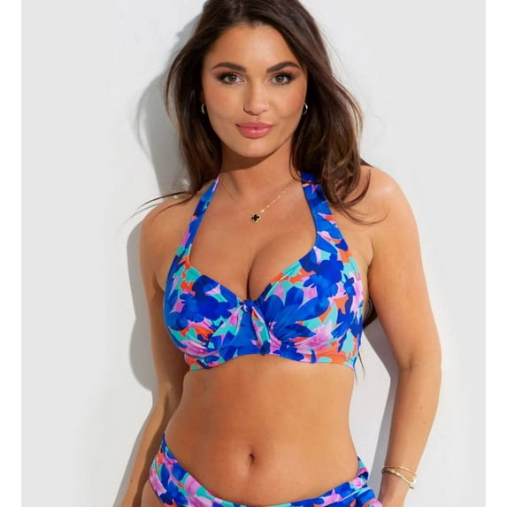 Women's Pour Moi 86002 Heatwave Halter Underwire Bikini Swim Top (Aqua Floral 34DD)