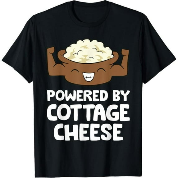 Women's "Powered By Cottage Cheese" Funny-Themed Graphic Cotton T-Shirt Short Sleeve Round Neck Top Black S-5XL
