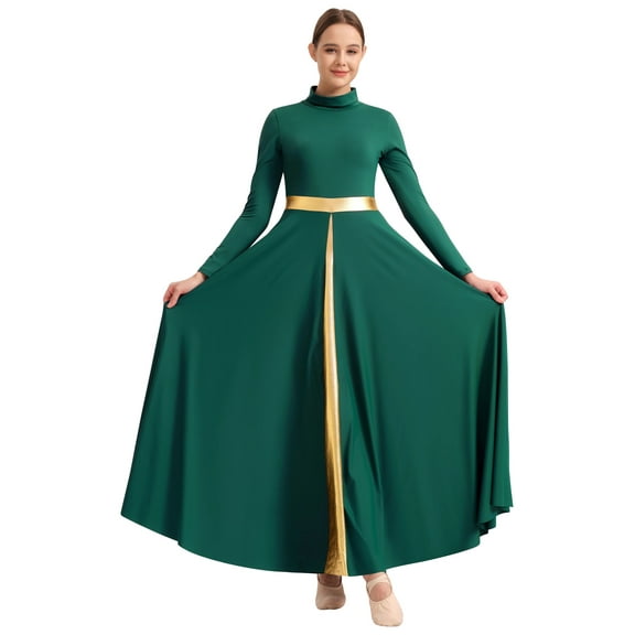 Women's Praise Dance Dress Metallic Waistband Long Swing Liturgical Worship Church Robe