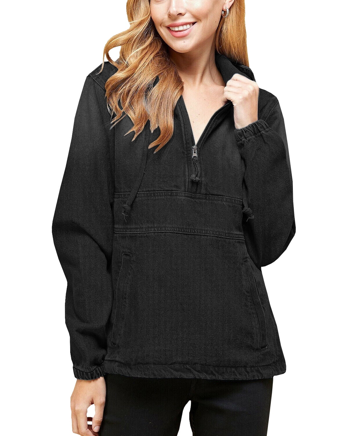 Women’s Premium Cotton Casual Hoodie Half Zip Pullover Denim Jean ...
