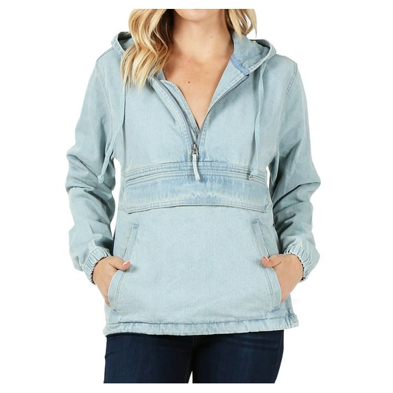 Women’s Premium Cotton Casual Hoodie Half Zip Pullover Denim Jean Jacket (Light Blue, 2XL)
