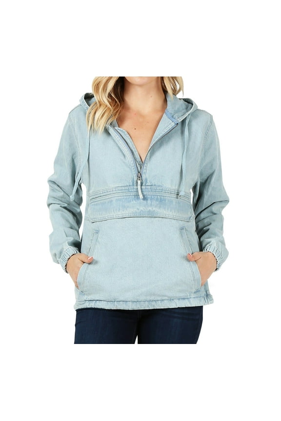 Women’s Premium Cotton Casual Hoodie Half Zip Pullover Denim Jean Jacket (Light Blue, S)