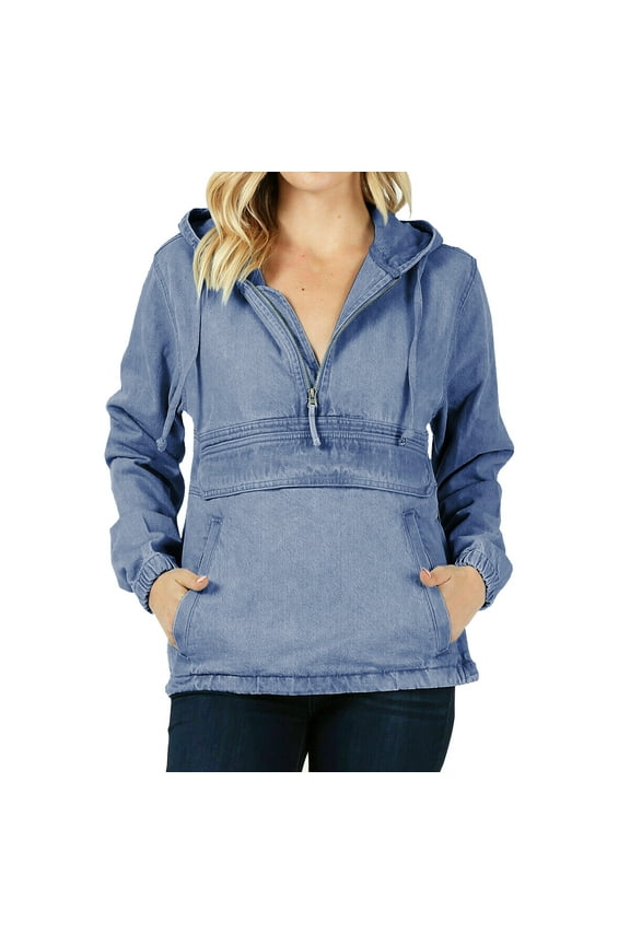 Women’s Premium Cotton Casual Hoodie Half Zip Pullover Denim Jean Jacket (Medium Blue, M)