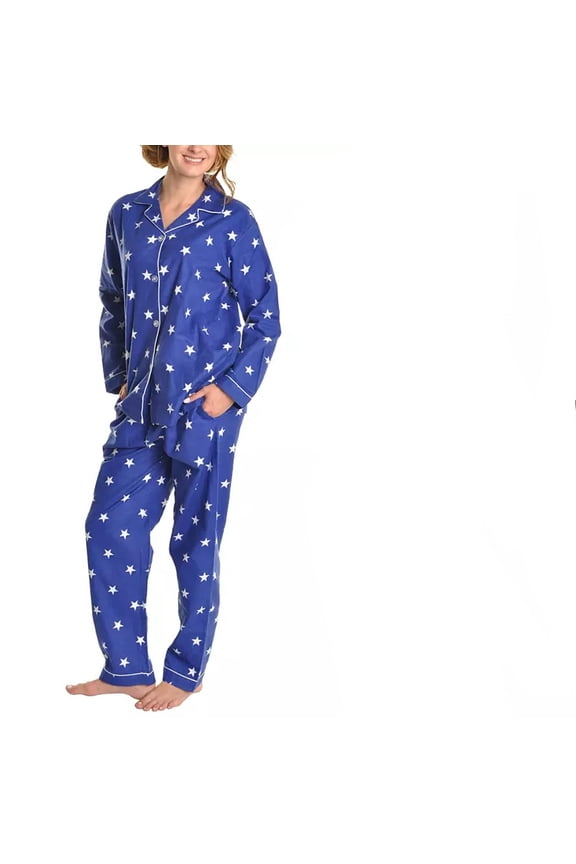 Women's Premium Cotton Notch Collar Button Down Shirt White Star Print 2-Piece Flannel Pajamas Set Lounge-wear XL