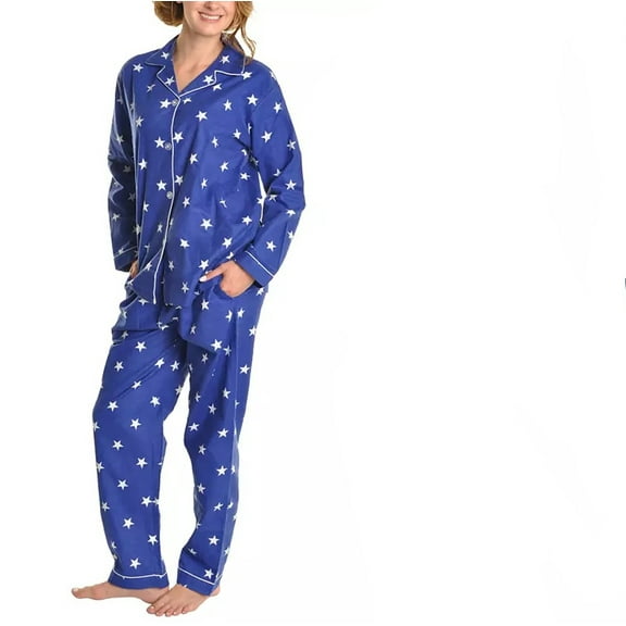 Women's Premium Cotton Notch Collar Button Down Shirt White Star Print 2-Piece Flannel Pajamas Set Lounge-wear XL