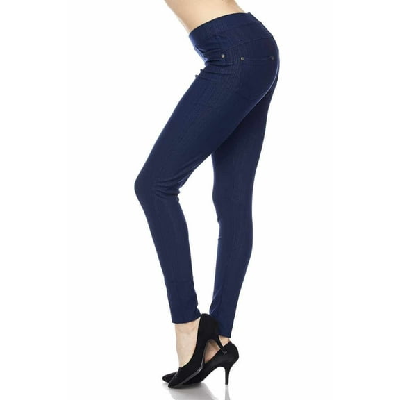 Women's Premium Denim Color Stitch w/ Back Pocket Ankle Leggings, Denim Blue