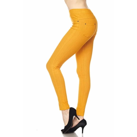 Women's Premium Denim Color Stitch w/ Back Pocket Ankle Leggings, MUSTARD