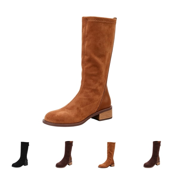 Women's Premium Mixed Suede Leather Tall Knee Boots Rear Zip Adjustable Fit Chunky Wood Heel Versatile Date Casual Long Booties For Women