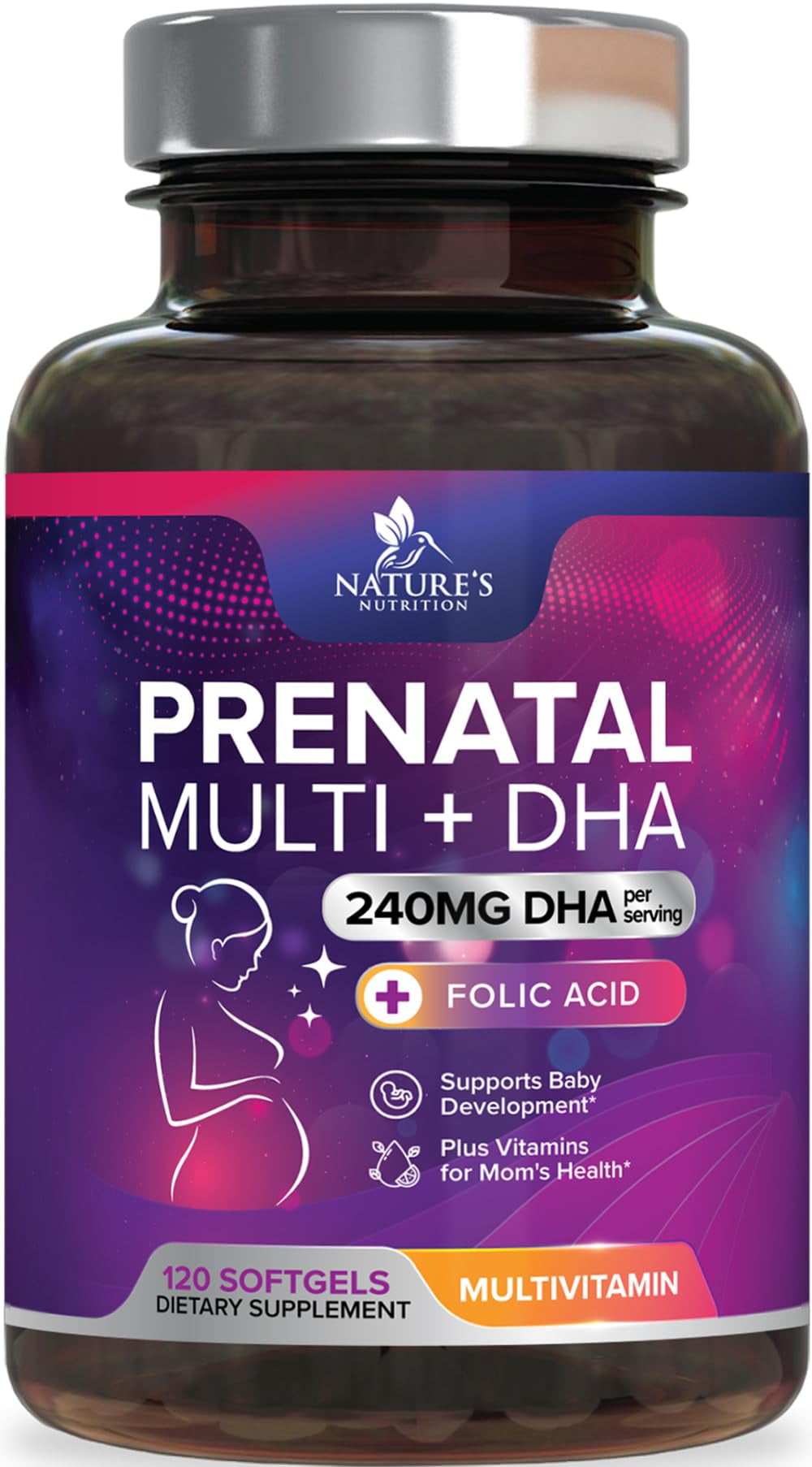 Prenatal Vitamins for Women with Folic Acid & DHA, Prenatal Multivitamin Supports Brain Development with Folate, Omega 3, Vitamin A, C, D, B6, B12 & Iron, Pregnancy Supplement, Non-GMO - 120 Softgels
