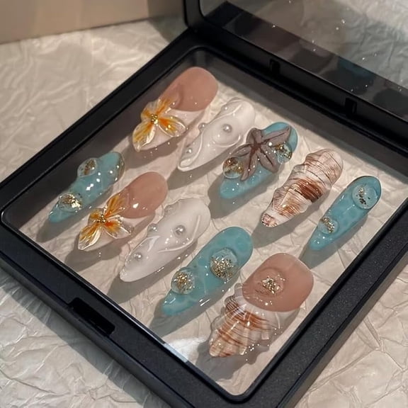 Women’s Press On Nails – Handmade Almond Shape with 3D Floral Design, Thick Layered Gel Acrylic, Reusable Artistic Fake Nails Set (10Pcs) (101, Short)