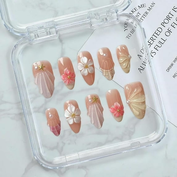 Women’s Press On Nails – Handmade Almond Shape with 3D Floral Design, Thick Layered Gel Acrylic, Reusable Artistic Fake Nails Set (10Pcs) (101, Short)