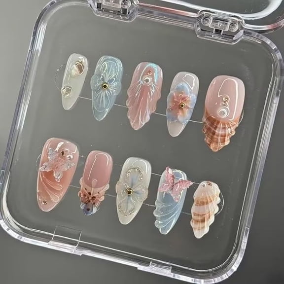 Women’s Press On Nails – Handmade Almond Shape with 3D Floral Design, Thick Layered Gel Acrylic, Reusable Artistic Fake Nails Set (10Pcs) (101, Short)