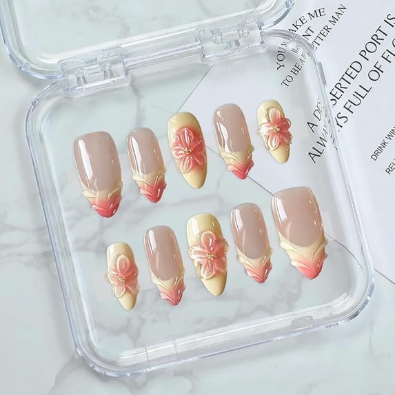 Women’s Press On Nails – Handmade Almond Shape with 3D Floral Design, Thick Layered Gel Acrylic, Reusable Artistic Fake Nails Set (10Pcs) (101, Short)