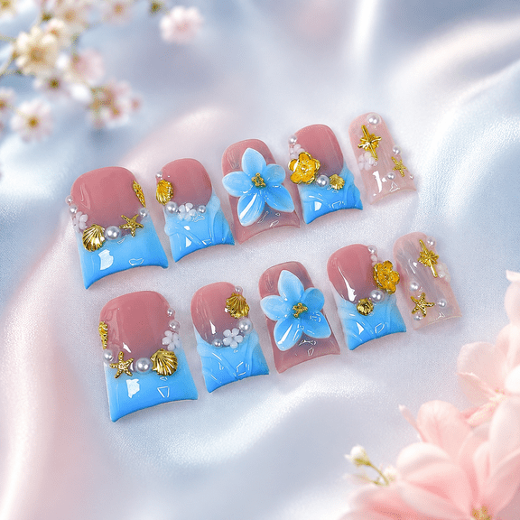 Women’s Press On Nails, Handmade Medium Duck Shape Fake Nails with Blue French Tips, 3D Flower Design, Beach Charm Acrylic False Nails for Women, 10Pcs