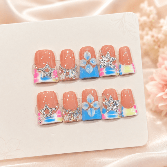 Women’s Press On Nails, Handmade Medium Duck Shape Fake Nails with Blue French Tips, 3D Flower Design, Star Charm Acrylic False Nails for Women, 10Pcs