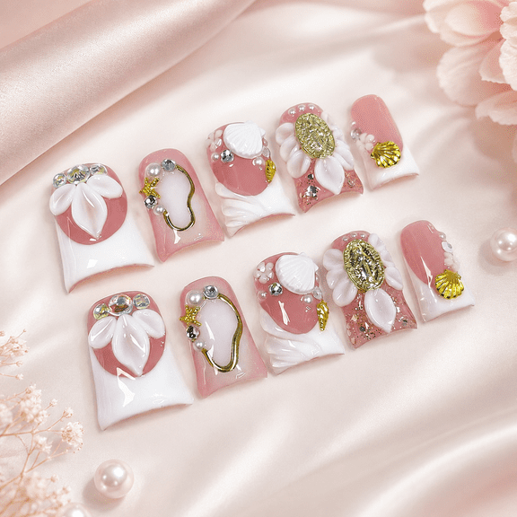 Women’s Press On Nails, Handmade Medium Duck Shape Fake Nails with White French Tips, 3D Flower Design, Beach Charm Acrylic False Nails for Women, 10Pcs