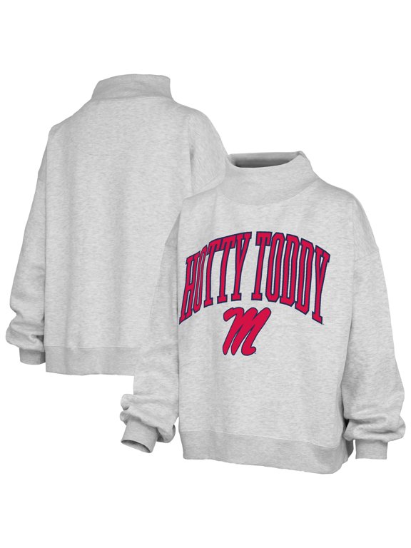 Women's Pressbox Ash Ole Miss Rebels Oversized Slogan Fleece Mock Neck Sweatshirt