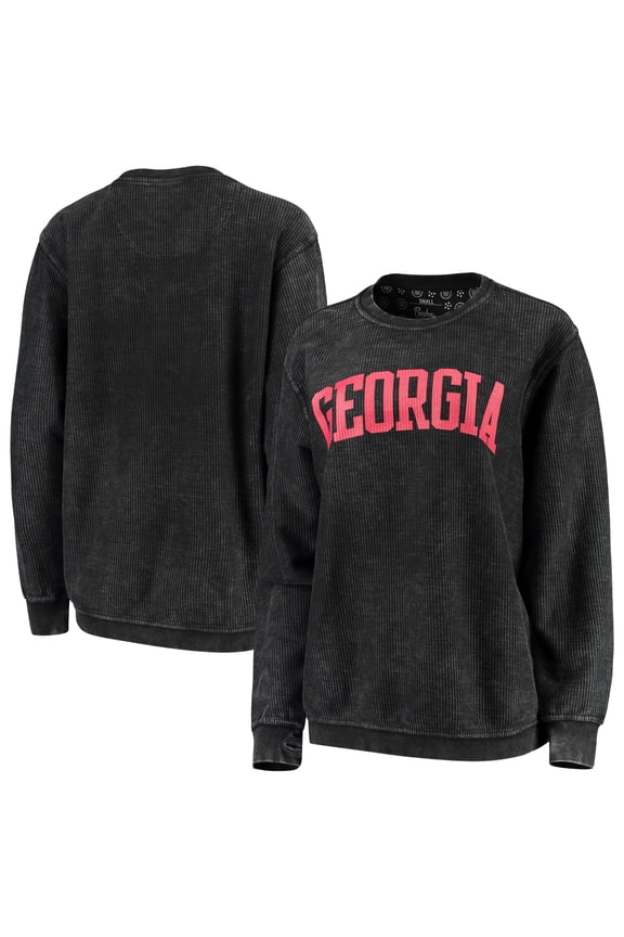 Women's Pressbox Black Georgia Bulldogs Comfy Cord Vintage Wash Basic Arch Pullover Sweatshirt