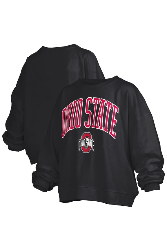 Women's Pressbox Black Ohio State Buckeyes Janise Arch Over Logo Waist Length Oversized Pullover Sweatshirt
