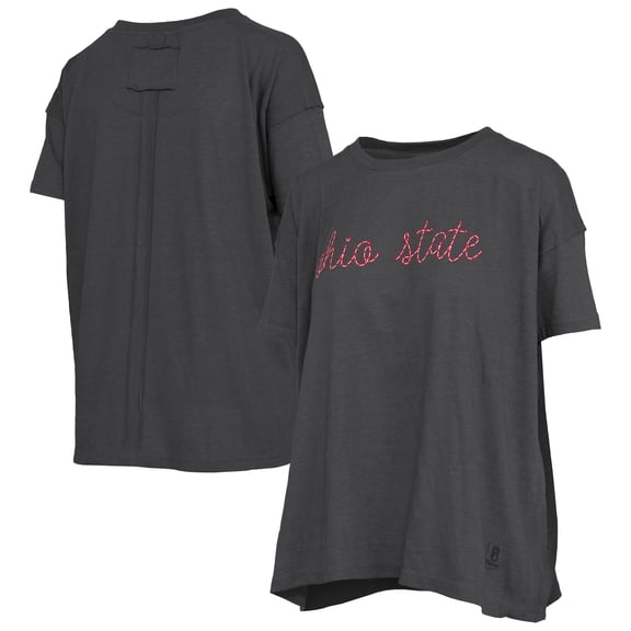 Women's Pressbox Heather Black Ohio State Buckeyes Swirl Script Twisted Team Color Stitched Oversized T-Shirt