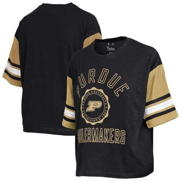 Women's Pressbox Black Purdue Boilermakers Sunday Colorblock Seal Slub T-Shirt