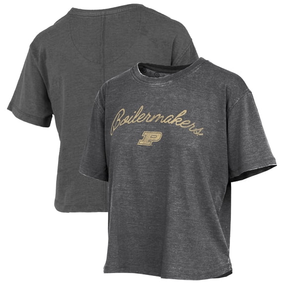 Women's Pressbox  Black Purdue Boilermakers Vintage Waist Length Script Over Logo T-Shirt