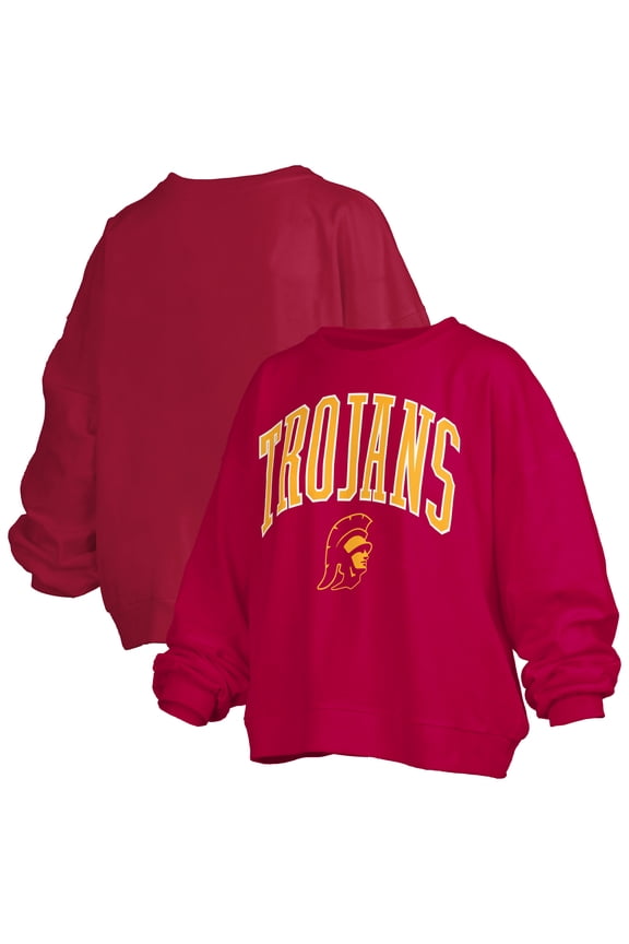 Women's Pressbox Cardinal USC Trojans Janise Arch Over Logo Waist Length Oversized Pullover Sweatshirt