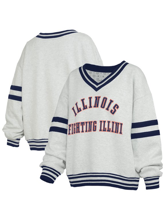 Women's Pressbox Heather Gray/Navy Illinois Fighting Illini Tackle Twill Oates V-Neck Sweatshirt