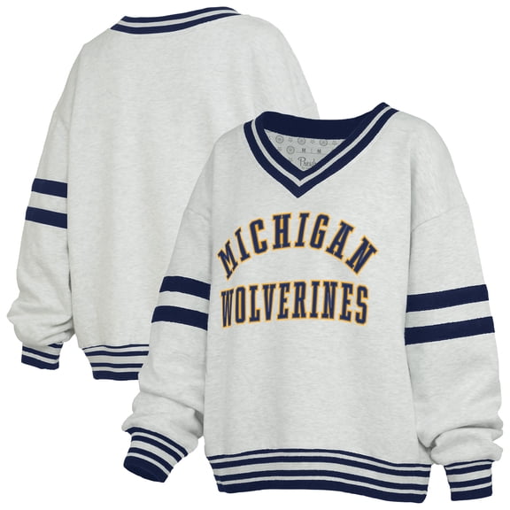 Women's Pressbox Heather Gray/Navy Michigan Wolverines Tackle Twill Oates V-Neck Sweatshirt