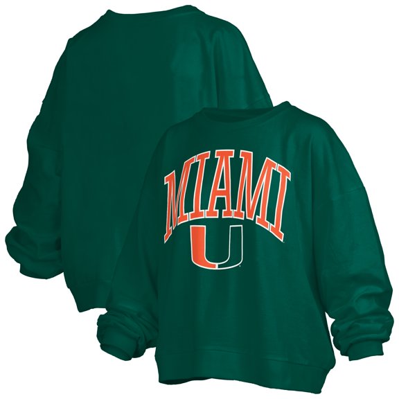 Women's Pressbox Green Miami Hurricanes Janise Arch Over Logo Waist Length Oversized Pullover Sweatshirt