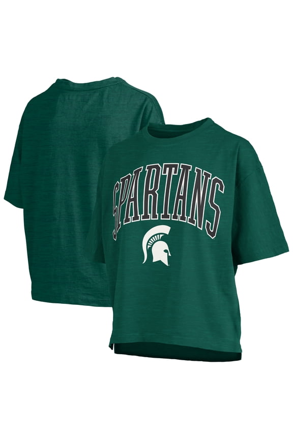 Women's Pressbox Green Michigan State Spartans Nelson Arch Over Logo Waist Length Oversized Slub T-Shirt