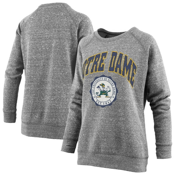 Women's Pressbox Heathered Gray Notre Dame Fighting Irish Distressed Edith Vintage Knobi Fleece Crew Sweatshirt