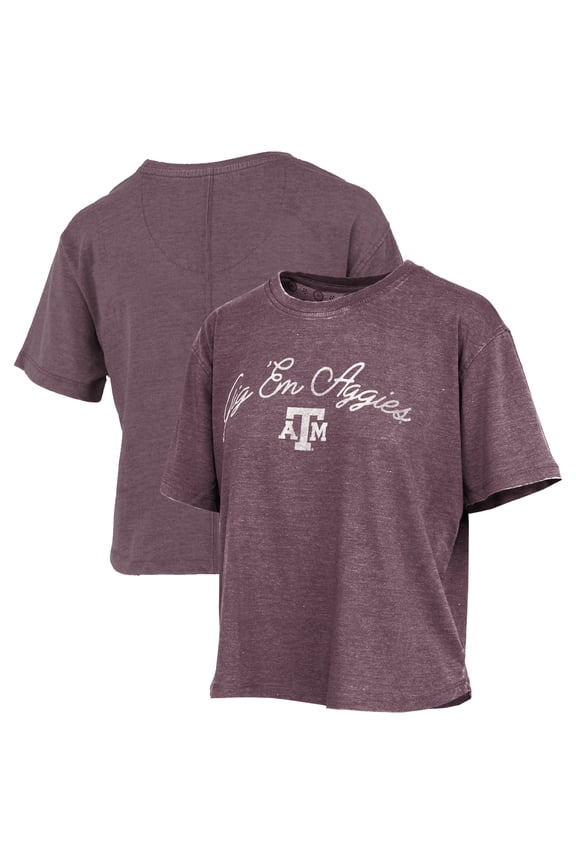 Women's Pressbox  Maroon Texas A&M Aggies Vintage Waist Length Script Over Logo T-Shirt