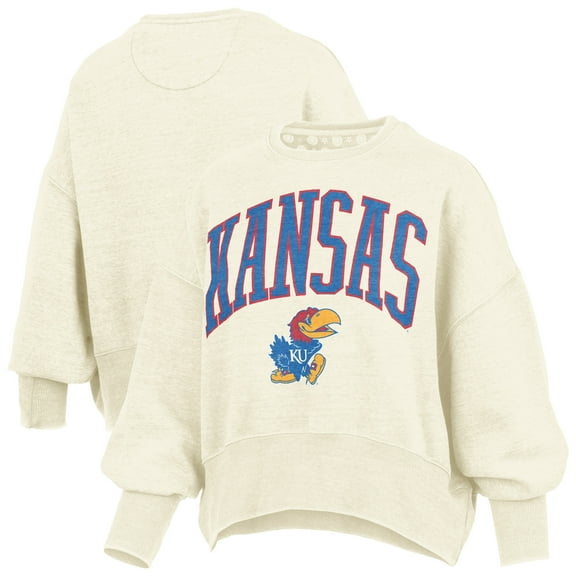Women's Pressbox Natural Kansas Jayhawks Oversized Waist-Length Crewneck Sweatshirt