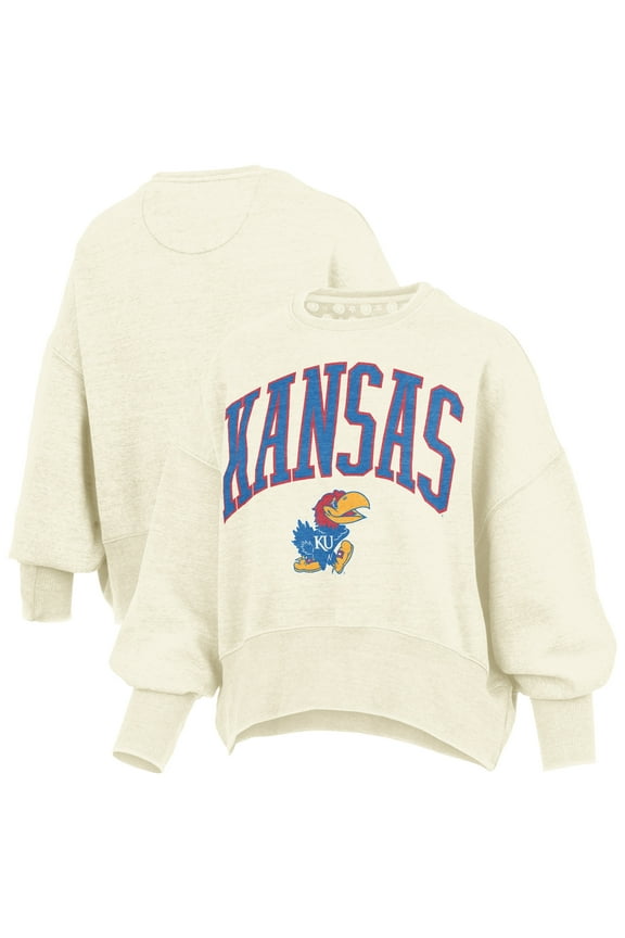 Women's Pressbox Natural Kansas Jayhawks Oversized Waist-Length Crewneck Sweatshirt