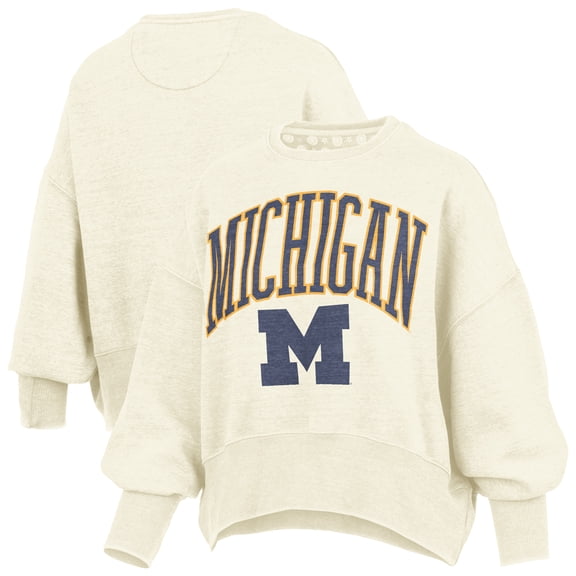 Women's Pressbox Natural Michigan Wolverines Oversized Waist-Length Crewneck Sweatshirt