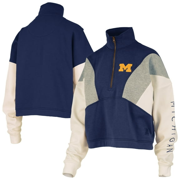 Women's Pressbox Navy Michigan Wolverines Ferrara Color Block Quarter-Zip Sweatshirt